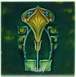 Art Nouveau Green Moulded Majolica Tile by Henry Richards C1906