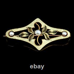 Art Nouveau Green Yellow Pearl 10k Yellow Gold Brooch Pin Antique Floral 1900s