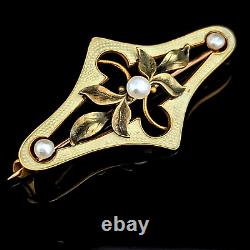 Art Nouveau Green Yellow Pearl 10k Yellow Gold Brooch Pin Antique Floral 1900s