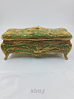 Art Nouveau Green and Gold Casket Box Very Ornate Angels on Front and Back 9.75