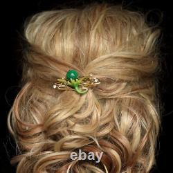 Art Nouveau Hair Barrette Floral Green Enamel Jade Pearl Mini Pearl QD12