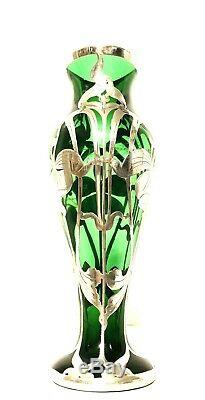 Art Nouveau Hand Blown Emerald Green Art Glass Vase with Sterling Silver Overlay