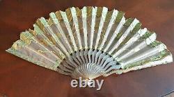 Art Nouveau Hand Fan, Green Leaves and Vines on Netting, Bakelite Sticks & Guard