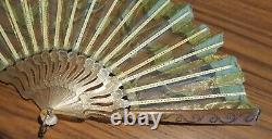 Art Nouveau Hand Fan, Green Leaves and Vines on Netting, Bakelite Sticks & Guard