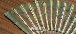 Art Nouveau Hand Fan, Green Leaves and Vines on Netting, Bakelite Sticks & Guard