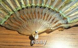 Art Nouveau Hand Fan, Green Leaves and Vines on Netting, Bakelite Sticks & Guard