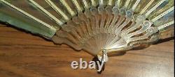 Art Nouveau Hand Fan, Green Leaves and Vines on Netting, Bakelite Sticks & Guard