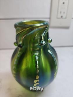 Art Nouveau Iridescent Green Vase with Signature