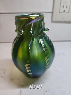 Art Nouveau Iridescent Green Vase with Signature