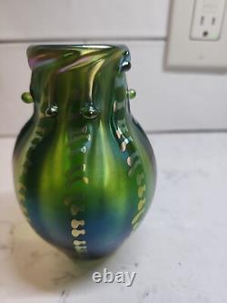 Art Nouveau Iridescent Green Vase with Signature