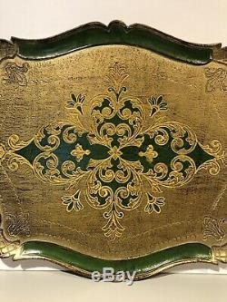 Art Nouveau Italian Florentine Wooden Tole Tray Wood Green & Gilt Platter RARE