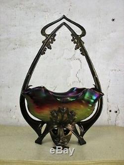 Art Nouveau Jugendstil Loetz Centerpiece Iridescent Art Glass Brass Ornate Bowl