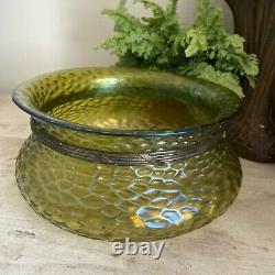 Art Nouveau Kralik Loetz Sohn Martelle Pattern Glass bowl with metal collar 8 In