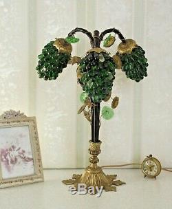 Art Nouveau Lamp With 3 CZEC Grape Cluster Shades In Green & Clear Glass 1727