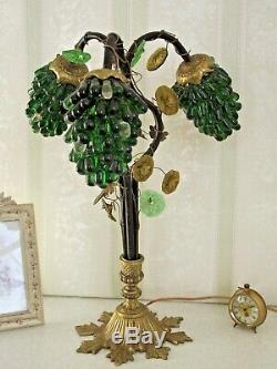 Art Nouveau Lamp With 3 CZEC Grape Cluster Shades In Green & Clear Glass 1727