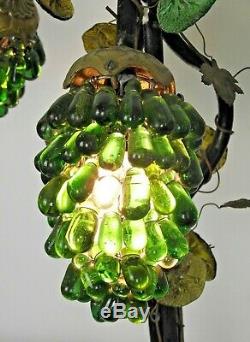 Art Nouveau Lamp With 3 CZEC Grape Cluster Shades In Green & Clear Glass 1727