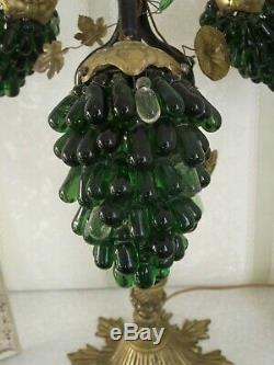 Art Nouveau Lamp With 3 CZEC Grape Cluster Shades In Green & Clear Glass 1727