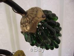 Art Nouveau Lamp With 3 CZEC Grape Cluster Shades In Green & Clear Glass 1727