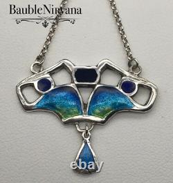 Art Nouveau Liberty Style Sterling & Blue Green Enamel Drop Pendant Necklace