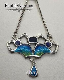 Art Nouveau Liberty Style Sterling & Blue Green Enamel Drop Pendant Necklace