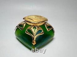Art Nouveau Loetz Art Iridescent Green Glass Inkwell Ormolu Brass Mount Frame