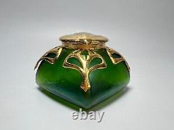 Art Nouveau Loetz Art Iridescent Green Glass Inkwell Ormolu Brass Mount Frame