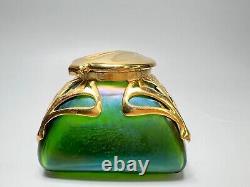 Art Nouveau Loetz Art Iridescent Green Glass Inkwell Ormolu Brass Mount Frame