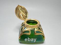 Art Nouveau Loetz Art Iridescent Green Glass Inkwell Ormolu Brass Mount Frame