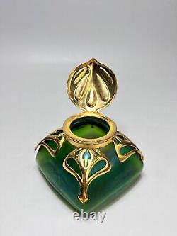 Art Nouveau Loetz Art Iridescent Green Glass Inkwell Ormolu Brass Mount Frame