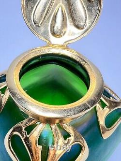 Art Nouveau Loetz Art Iridescent Green Glass Inkwell Ormolu Brass Mount Frame