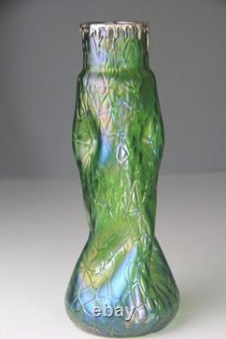 Art Nouveau Loetz Green Iridescent Art Glass Vase 11.75 H