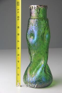 Art Nouveau Loetz Green Iridescent Art Glass Vase 11.75 H