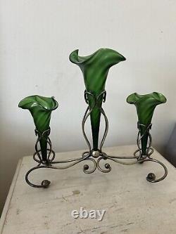 Art Nouveau Loetz Iridescent Glass Epergne, Green Epergne's EPNS Stand V Large