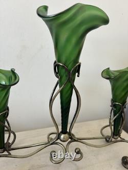 Art Nouveau Loetz Iridescent Glass Epergne, Green Epergne's EPNS Stand V Large