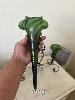 Art Nouveau Loetz Iridescent Glass Epergne, Green Epergne's EPNS Stand V Large