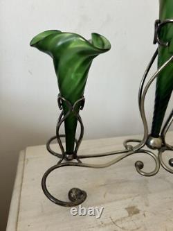 Art Nouveau Loetz Iridescent Glass Epergne, Green Epergne's EPNS Stand V Large