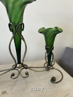 Art Nouveau Loetz Iridescent Glass Epergne, Green Epergne's EPNS Stand V Large