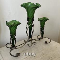 Art Nouveau Loetz Iridescent Glass Epergne, Green Epergne's EPNS Stand V Large