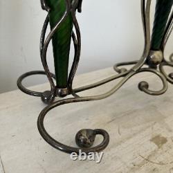 Art Nouveau Loetz Iridescent Glass Epergne, Green Epergne's EPNS Stand V Large