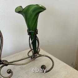 Art Nouveau Loetz Iridescent Glass Epergne, Green Epergne's EPNS Stand V Large