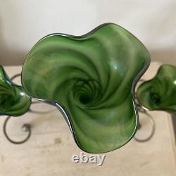 Art Nouveau Loetz Iridescent Glass Epergne, Green Epergne's EPNS Stand V Large