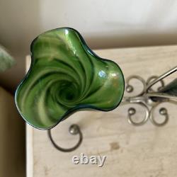 Art Nouveau Loetz Iridescent Glass Epergne, Green Epergne's EPNS Stand V Large