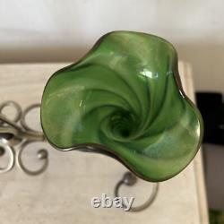 Art Nouveau Loetz Iridescent Glass Epergne, Green Epergne's EPNS Stand V Large