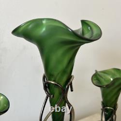Art Nouveau Loetz Iridescent Glass Epergne, Green Epergne's EPNS Stand V Large