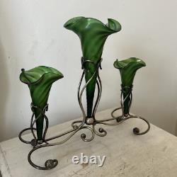 Art Nouveau Loetz Iridescent Glass Epergne, Green Epergne's EPNS Stand V Large
