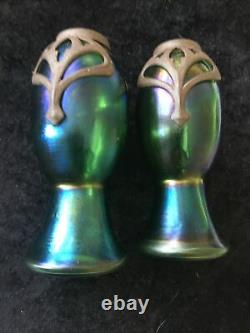Art Nouveau Loetz Kralik Carl Stolzle pair of Iridescent Metal Glass Vases
