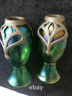 Art Nouveau Loetz Kralik Carl Stolzle pair of Iridescent Metal Glass Vases