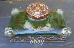 Art Nouveau Loetz/ Kralik Retangular Green Ink Well wth Bronze Lion Head Stopper