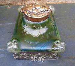 Art Nouveau Loetz/ Kralik Retangular Green Ink Well wth Bronze Lion Head Stopper