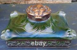 Art Nouveau Loetz/ Kralik Retangular Green Ink Well wth Bronze Lion Head Stopper